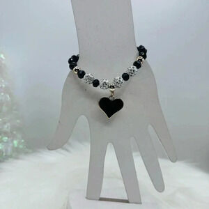 Black Beaded Bracelet Black Heart Pendant Bracelet
